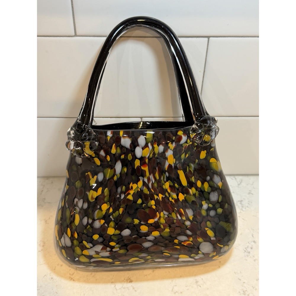 Block Crystal Mouth Blown Glass Purse Handbag 10.5" Tall
